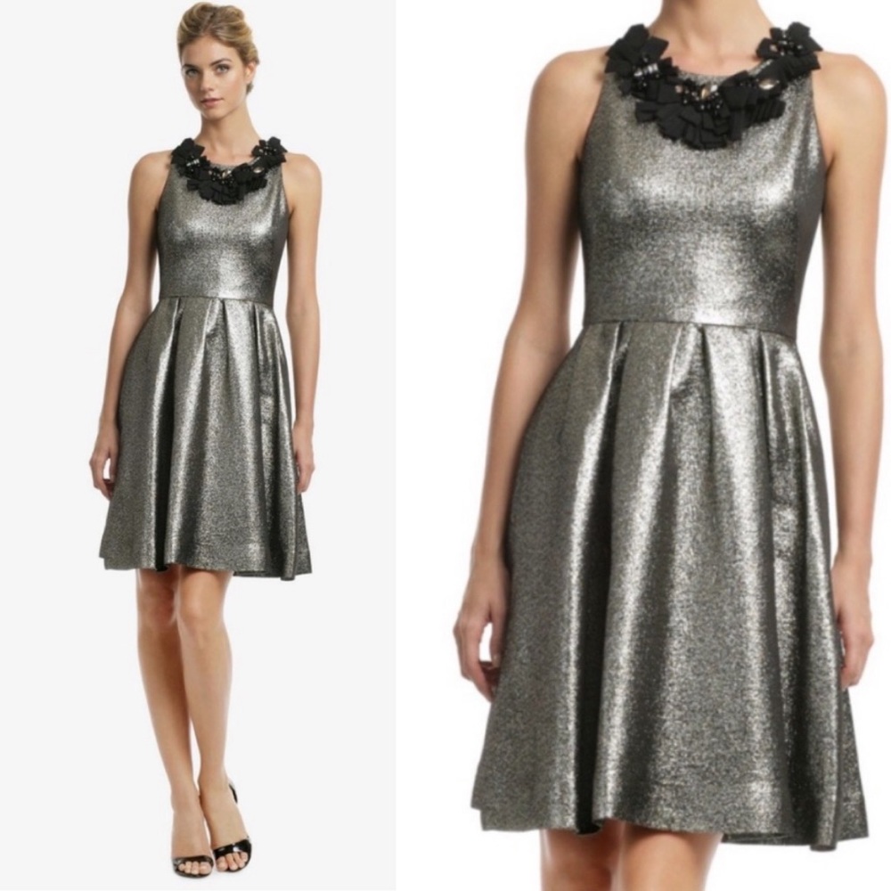 Lela Rose Metallic Silver Fit-and-Flare Dress with Black Embellished Neckline